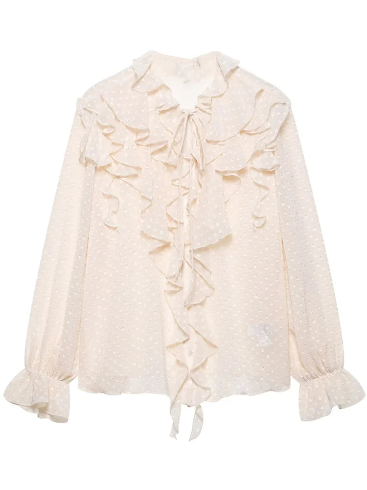 Elegant Women’s Cascading Ruffles Polka Dot Chiffon Blouse Full Sleeve Office Shirt, perfect for a stylish business look.