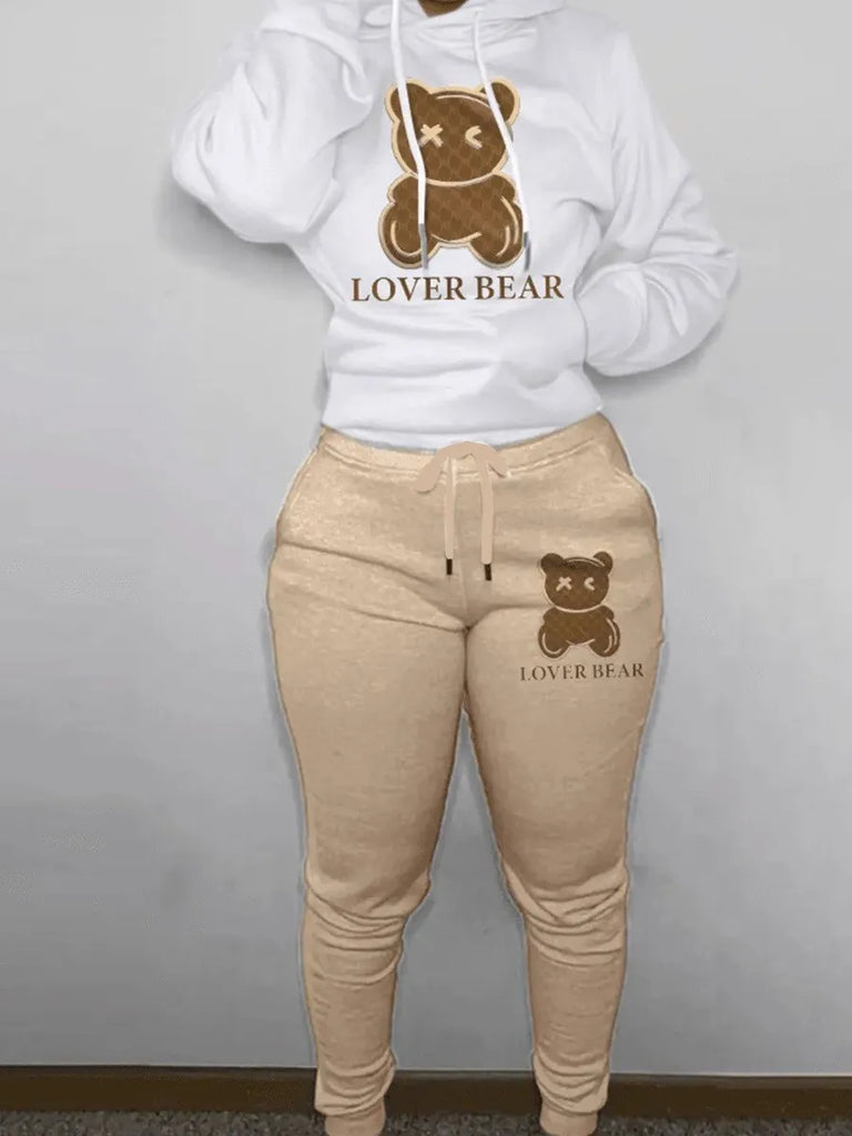 Stay cozy in the Plus Size Cartoon Bear Print Hooded Sweater and Woolen Pants Set for Women in Autumn and Winter Fashion.