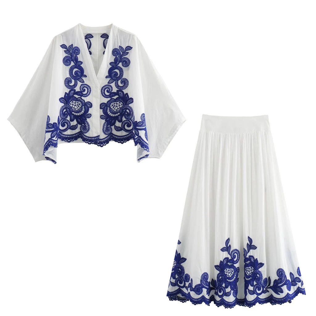 Embroidered Shirt and Skirt Set for Women Casual Outfit