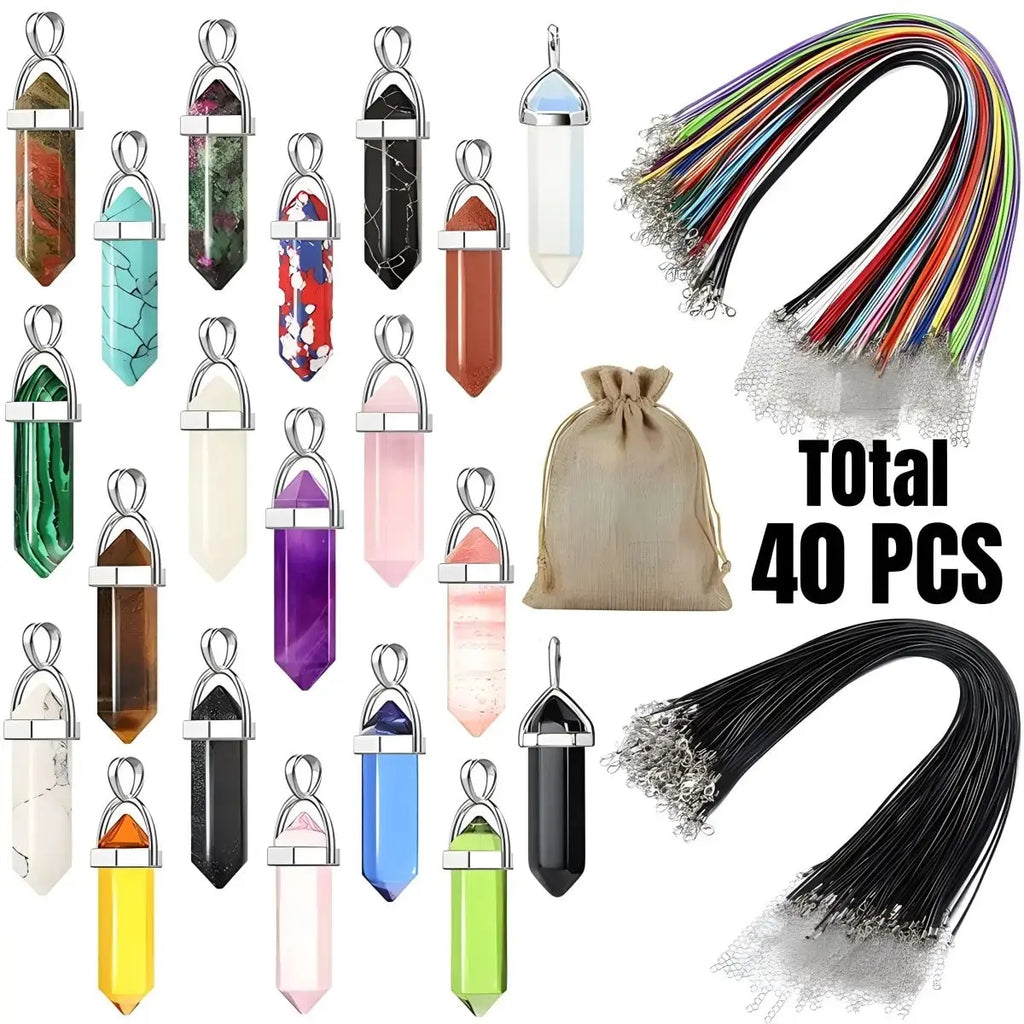 Colorful 40PCS Hexagonal Chakra Crystal Pendant Necklace Set with Pointed Quartz Stones and Leather Chain Storage Bag.