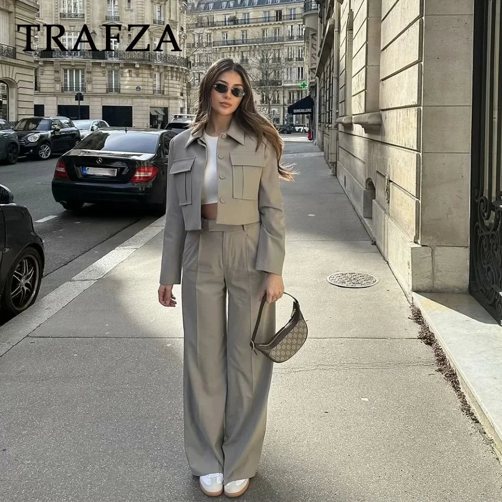 Casual Women Solid Suit Set with Turn-Down Collar Short Jacket and Chic Wide Leg Pants Streetwear with Functional Pockets