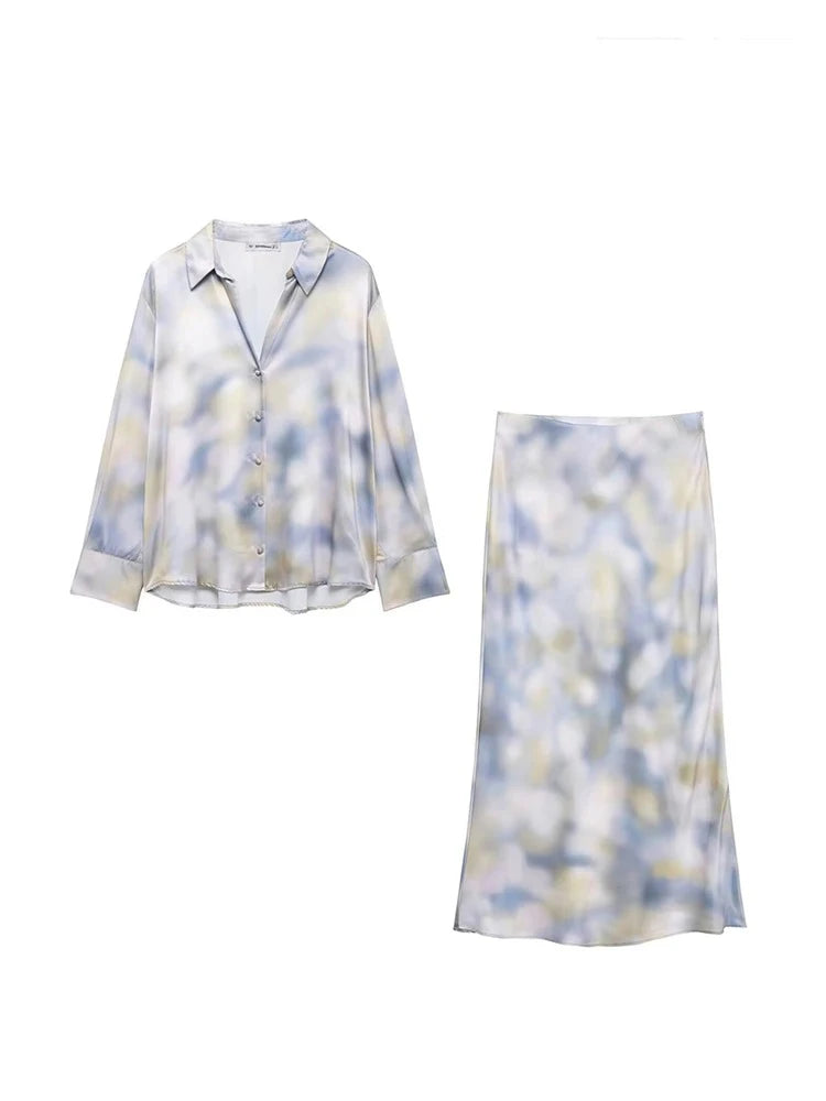 Tie Dye Shirt Plus High Waisted Dress Two Piece Set