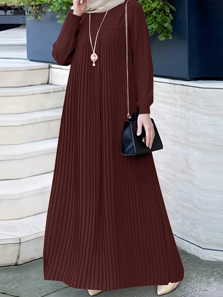 Modest Pleated Maxi Dress O Neck Long Sleeve Muslim Abaya Kaftan