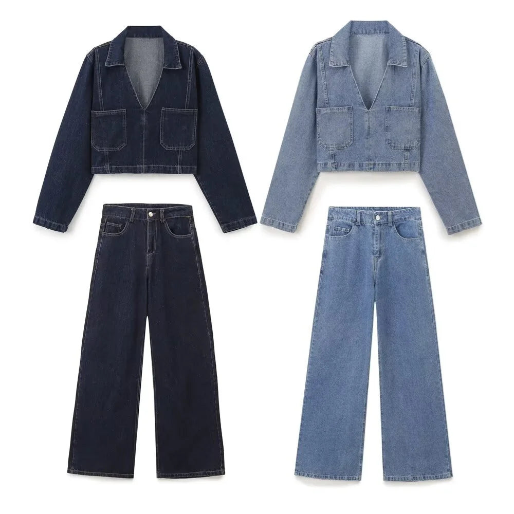 Women's Casual Long Sleeve Collar Denim Shirt and High Waist Wide Leg Jeans Set Stylish Slimming Two-Piece Outfit