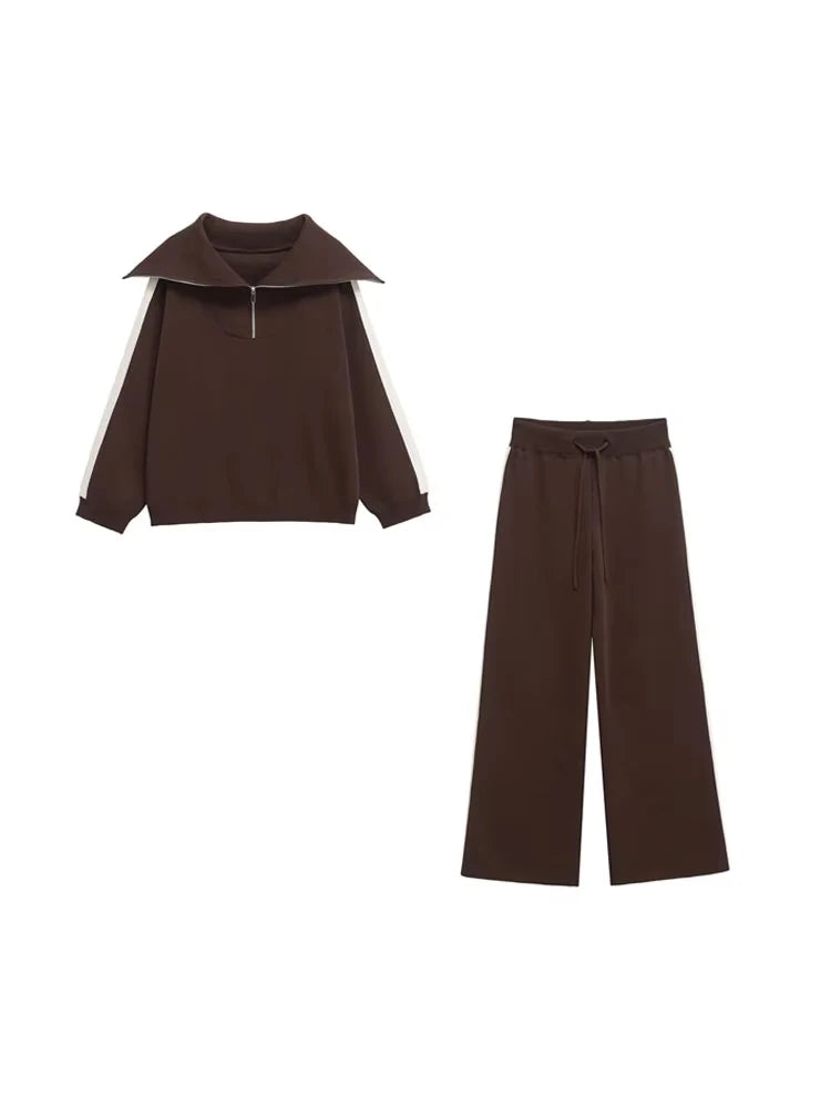 Stylish Women's Casual Two-Piece Set with Knit Sweater and High-Elastic Waist Straight Pants, perfect for any wardrobe.