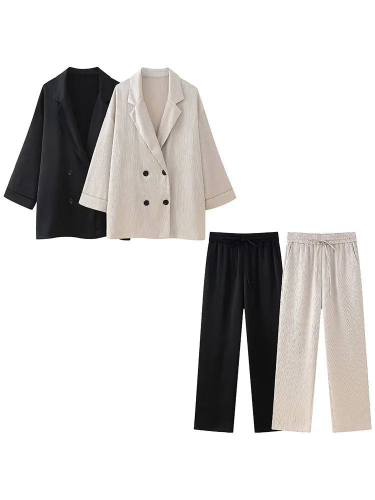 Women’s Chic Two-Piece Set Solid Double Breasted Blazer with Vintage Elastic Waist Trousers Elegant Fashion Pants Suit
