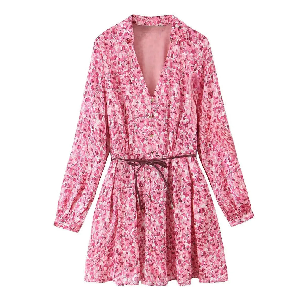 Floral Print Midi Dress V Neck Long Sleeve With Waist Tie