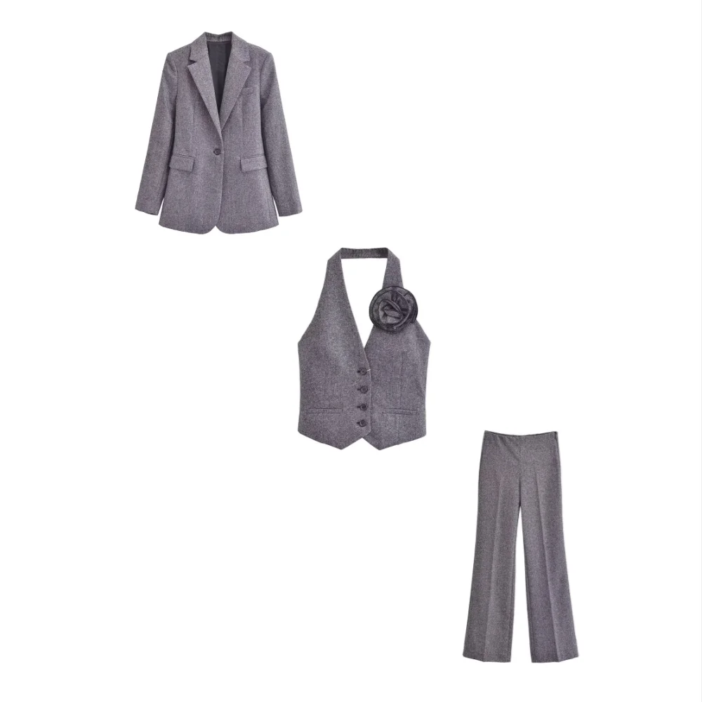 Sophisticated Women's Fashion Versatile Blended Suit Coat with Vest and Straight Tube Long Pants Set for any occasion.