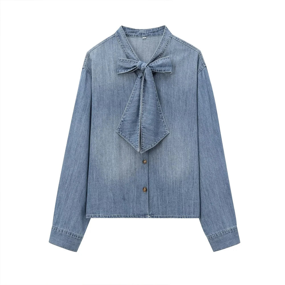 Stylish Women’s Blue Denim Shirt With Stand Collar Bow Detail, perfect for casual wear and effortless elegance.