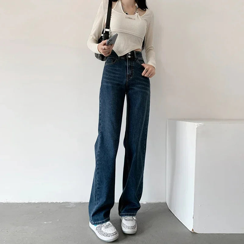 Loose Straight High Waist Stretch Jeans For Women Denim