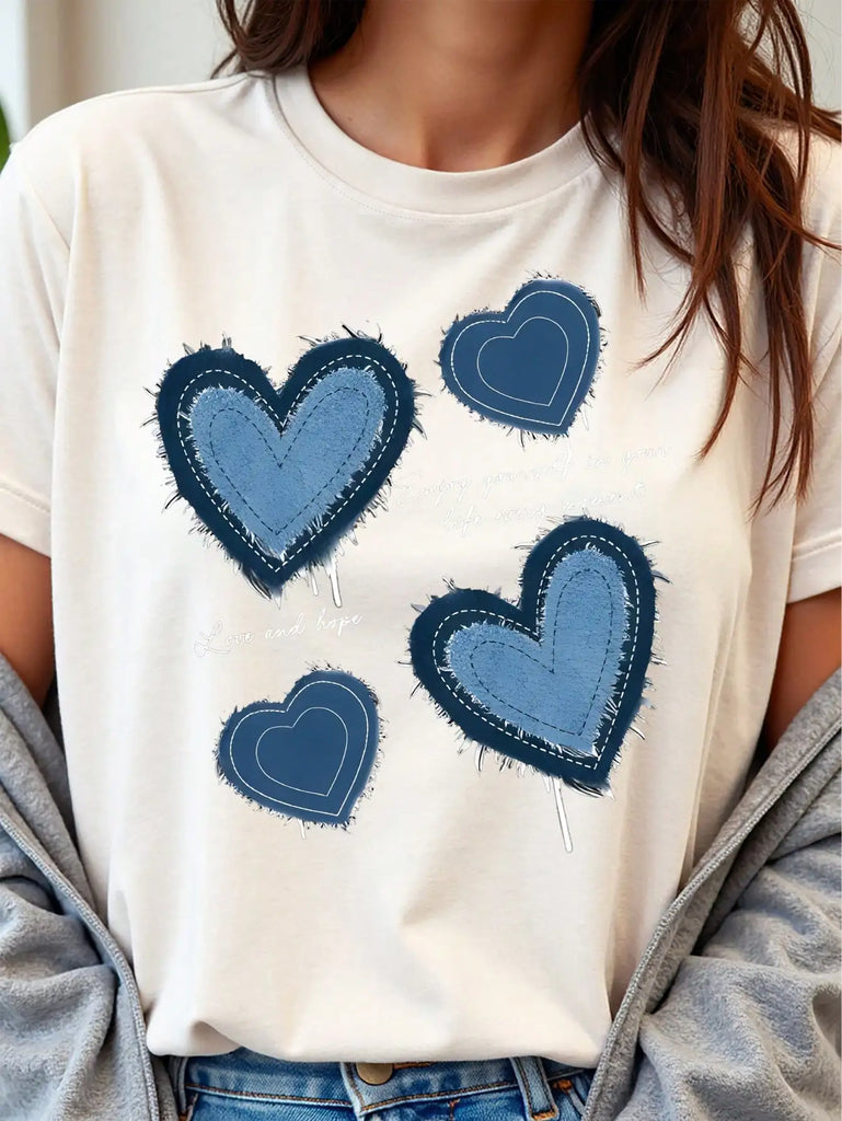 Ladies Blue Heart Patchwork Printed Short Sleeve T-Shirt for Casual Spring and Summer Wear