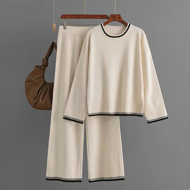 Elegant O-Neck Long Sleeve Pullover and Wide Leg Pants Set for Women Casual Solid Color Two-Piece Outfit Spring Sweatshirt Ensemble