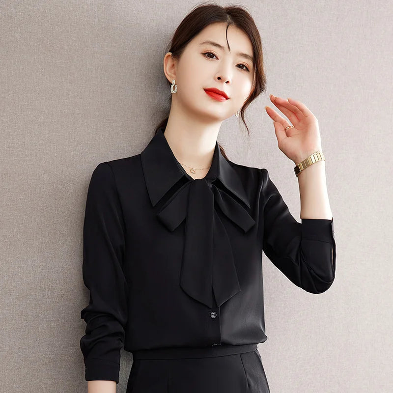 Elegant Bow Tie Ribbon Blouse for Women Lace Up Temperament Shirt Stylish Spring and Autumn Top, perfect for polished looks.