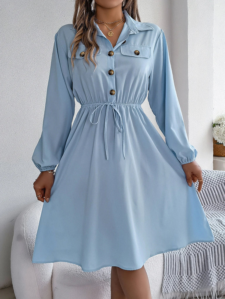 Women's Long Sleeve Button Up Shirt Dress Casual Solid