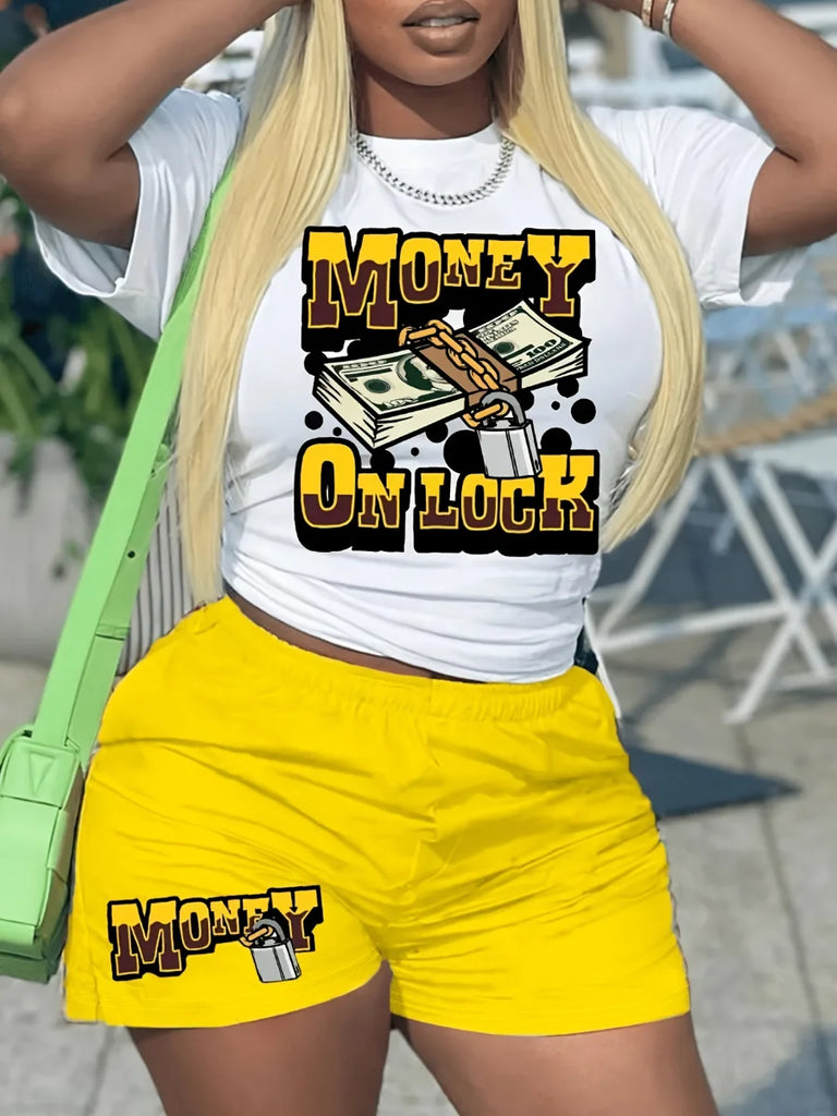 LW Money Letter Print Two-Piece Shorts Set for Women Casual Spring Summer features vibrant graffiti style for trendy lounge wear.