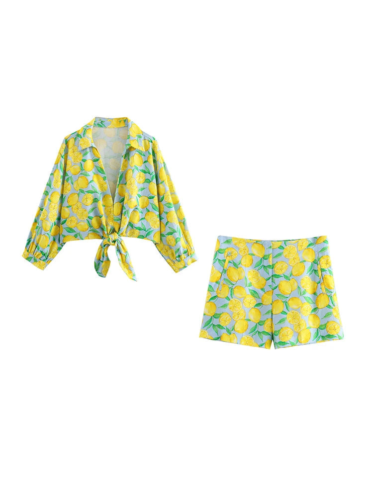 Womens Rope Knot Embellished Lemon Print Linen Blend Shirt Top and High Waisted Shorts Casual Two-Piece Suit for summer style.