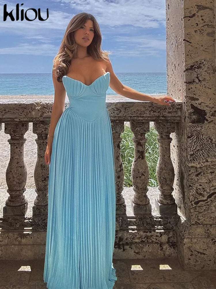 Pleated Maxi Dress Wrap Front Zip Up Bodice Shaping