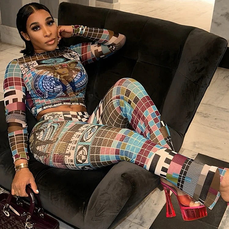 Aesthetic Print Two Piece Set For Women Vintage Hipster Top And High Waist Pants