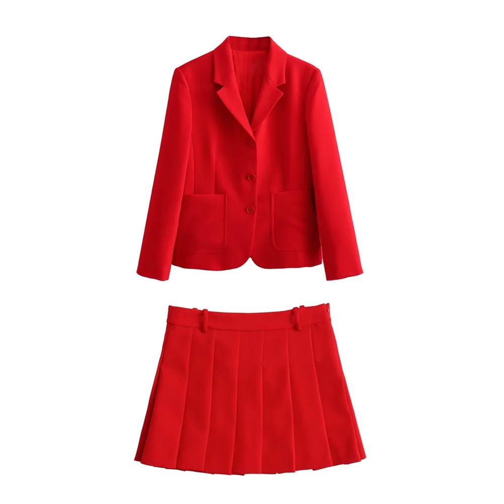 Women’s Fashion Elegant Commuting Two-Piece Set Featuring Tailored Tight Suit Coat and Wide Pleated Short Skirt