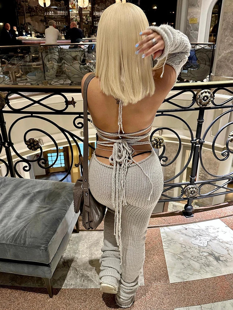 Show off your style in the Weird Puss Bandage Knit Halter Jumpsuit with Gloves, perfect for street chic workouts.