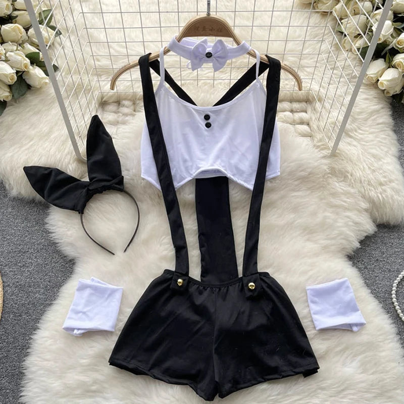Sexy Bow Hollow Out Bunny Girl Jumpsuit with Shoulder Straps and Shorts Erotic Role-Playing Lingerie Set for Women showcased.