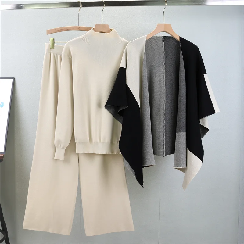 Women's Knitted Three-Piece Set With Shawl: Cozy Knit Top And Wide-Leg Pants For Autumn Winter