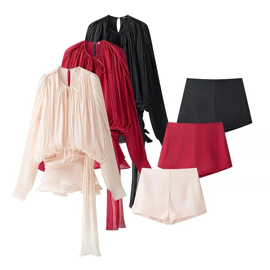 Two Piece Mesh Shorts Set With Pleated Ribbon Blouse And Wide Leg Cargo Shorts