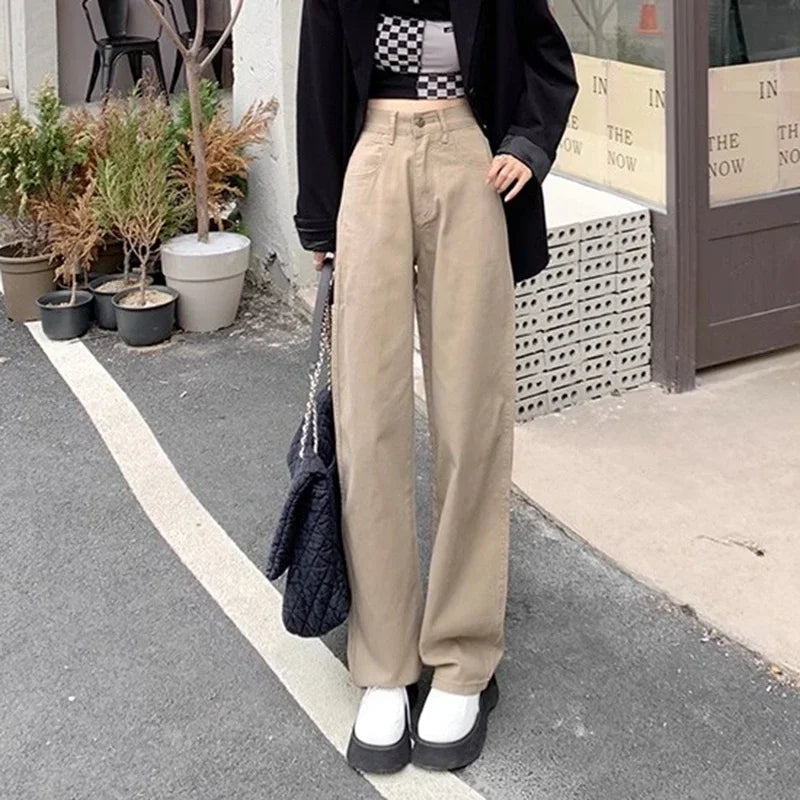 Khaki High Waist Wide Leg Jeans For Women Streetwear