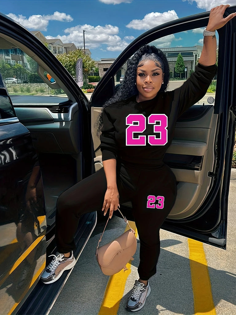 Stylish woman in a Casual Two-Piece Kangaroo Pocket Sweatshirt Set for Women with Round Neck and Solid Long Sleeves.