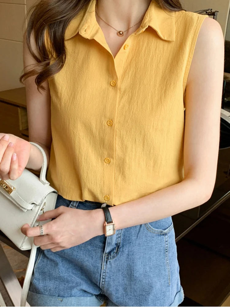 Stylish Sleeveless Turn-Down Collar Blouse for Women, perfect for OL style workwear and lightweight summer outfits.
