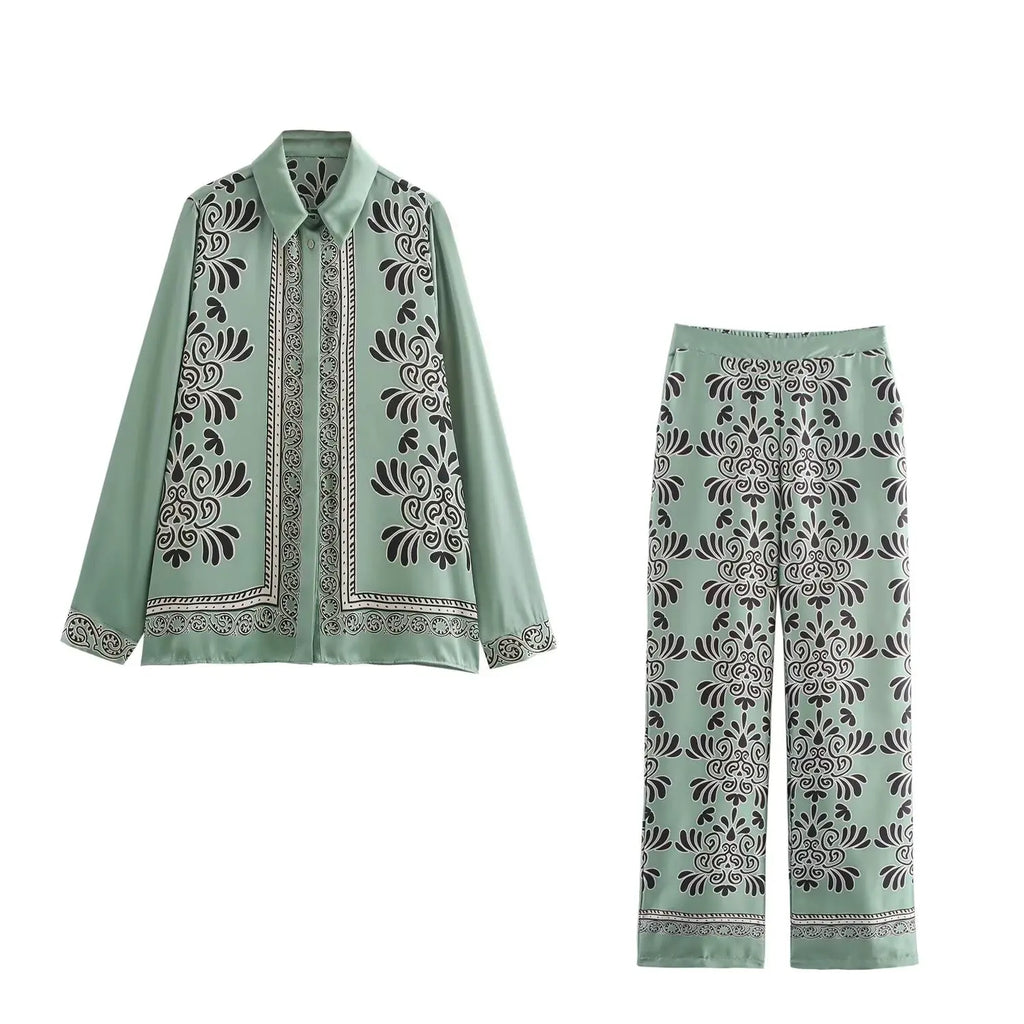 Stylish Women’s Loose Casual Silk Satin Printed Shirt with Long Sleeves and Collar paired with Comfortable Long Pants Autumn Outfit Set.