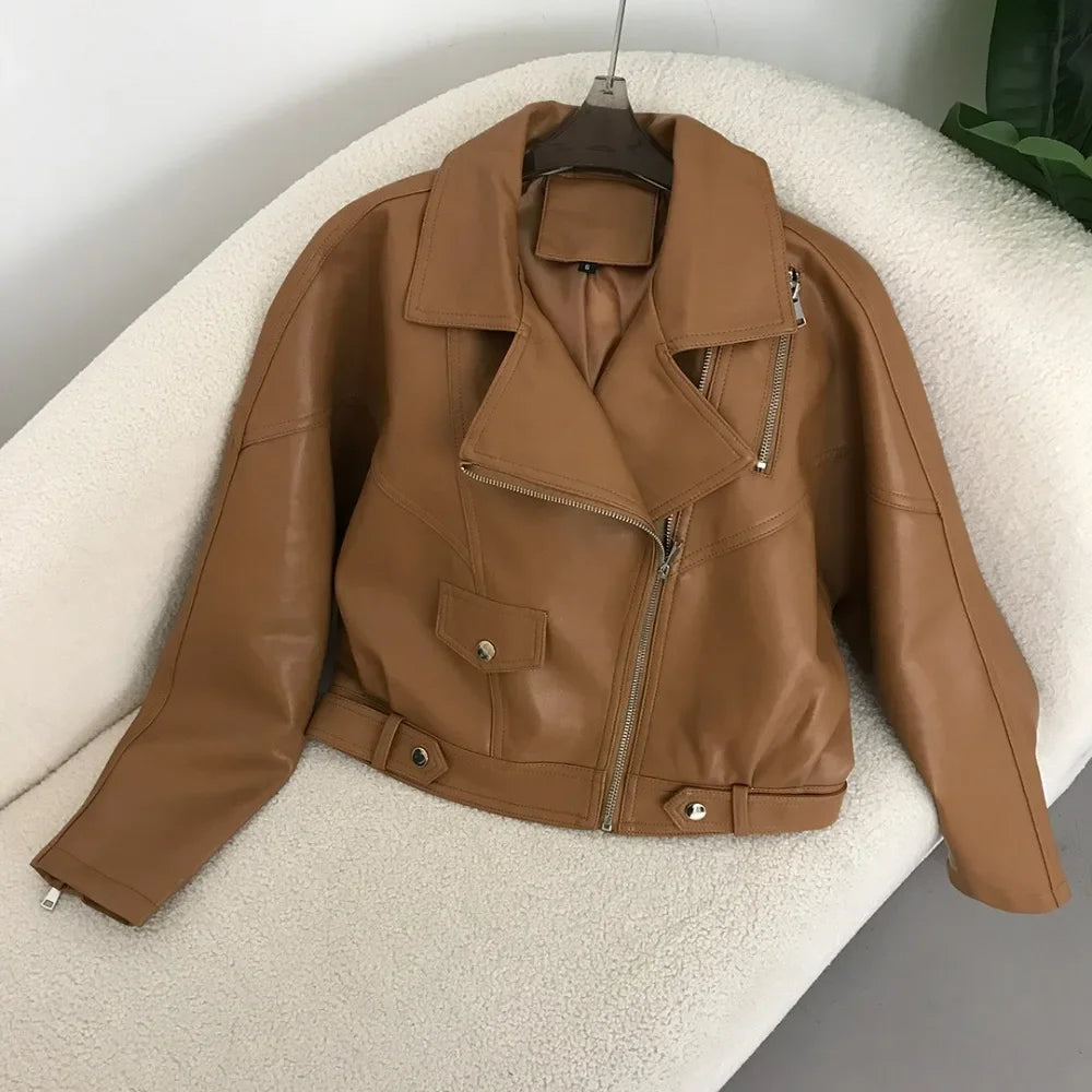 Women PU Leather Motorcycle Jacket Brown Faux Leather Coat