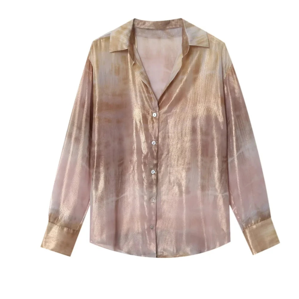 Stylish Casual Women's Long Sleeve Collar Shirt with Metal Foil Tie Dye Print Slimming Fashion Top for a chic look.