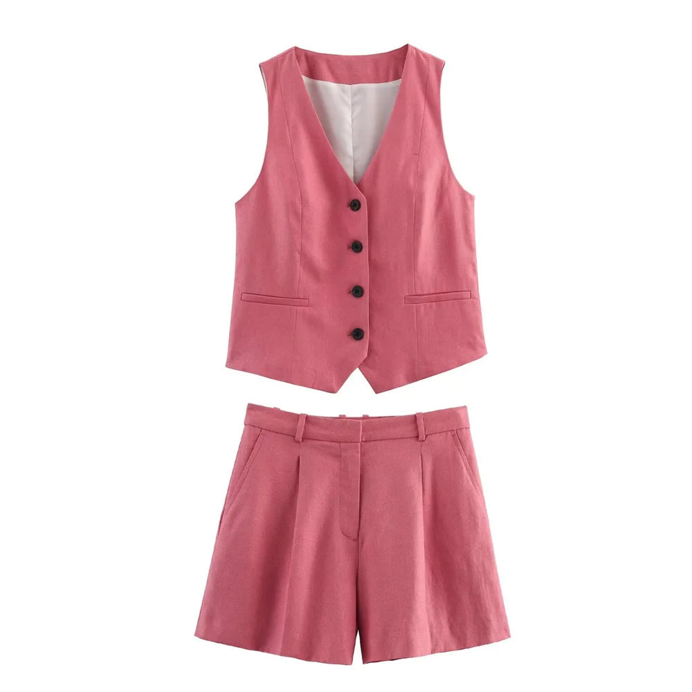 Stylish PB&ZA Pink Sleeveless Buttoned Vest and Pleated Shorts Women Suit Set for versatile summer casual chic wear.