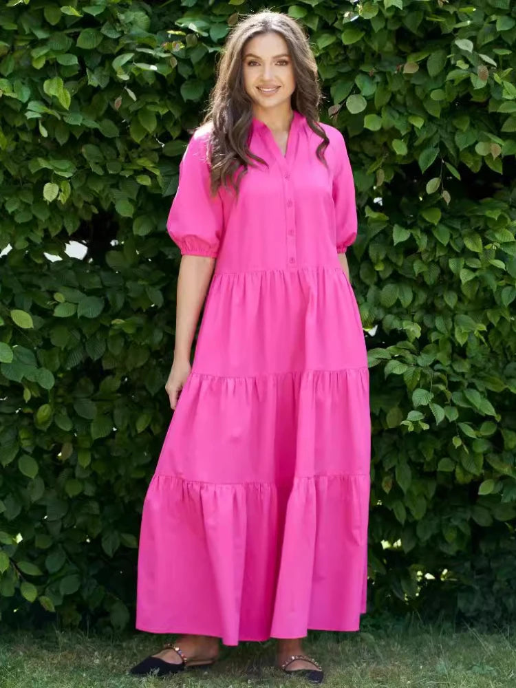 Summer Dress Solid Color Loose Fit Women Half Sleeves