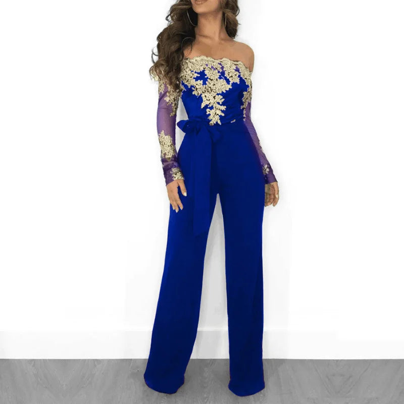 Stylish Appliques Lace Patchwork Off Shoulder Jumpsuit for Women with Slash Neck Long Sleeve and Elegant Wide Leg Pants.