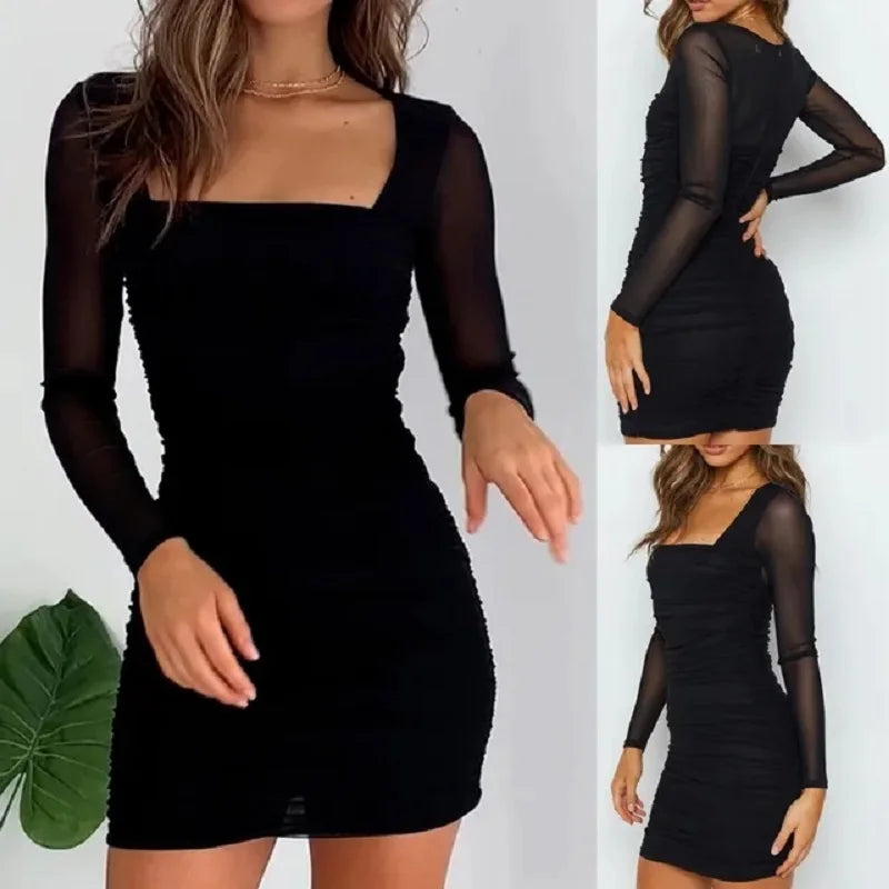 Square Neck Bodycon Dress Chic With Zip Up Long Sleeves