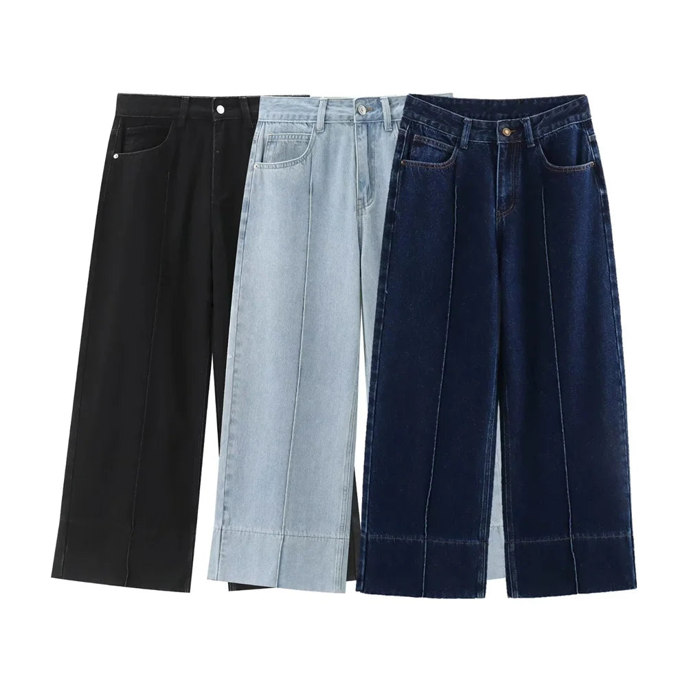 High Waist Wide Leg Jeans for Women Solid Color Casual