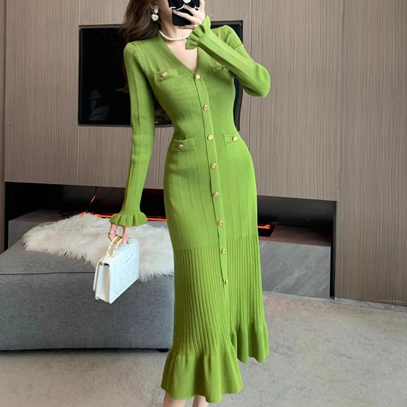 Elegant Knitted Long Sweater Dress With Button Details