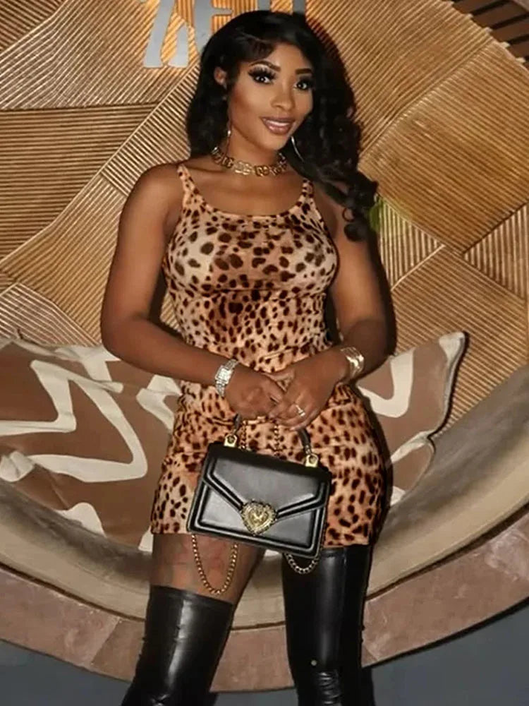 Leopard Print Mini Bodycon Dress Sleeveless Summer Party