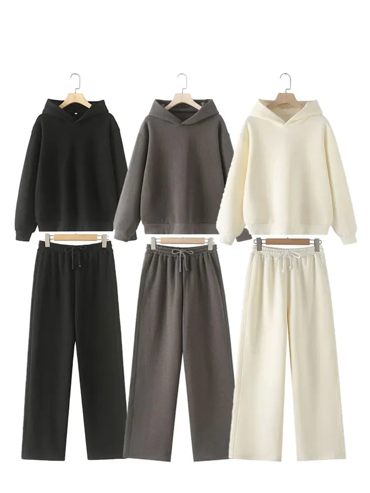 Stylish Solid Hoodie Top and Wide Leg Long Pant Set for Women with Elastic Waist and Chic Lace-Up Design, perfect for autumn.
