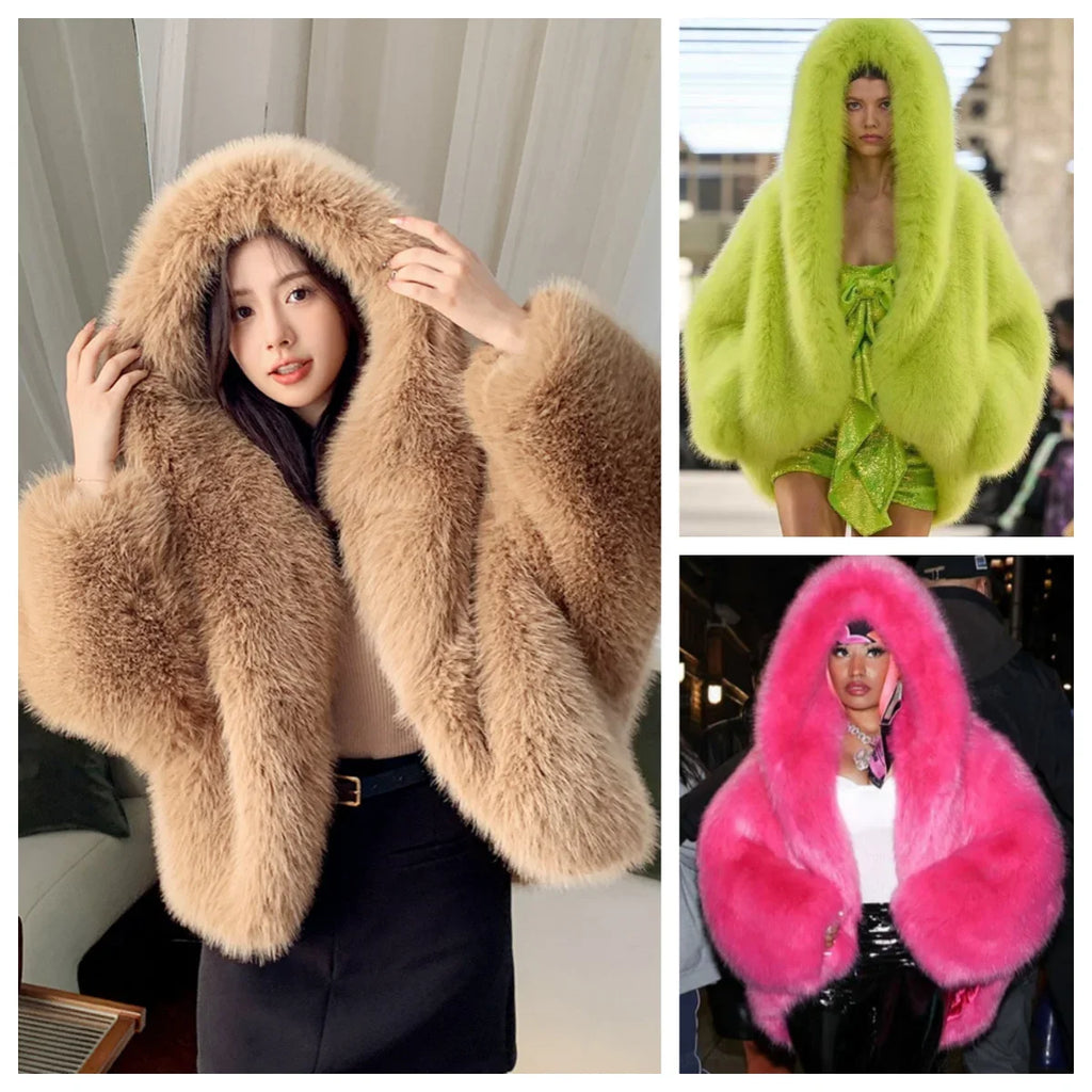 Women Faux Fur Coat Hooded Winter Warm Furry Jacket