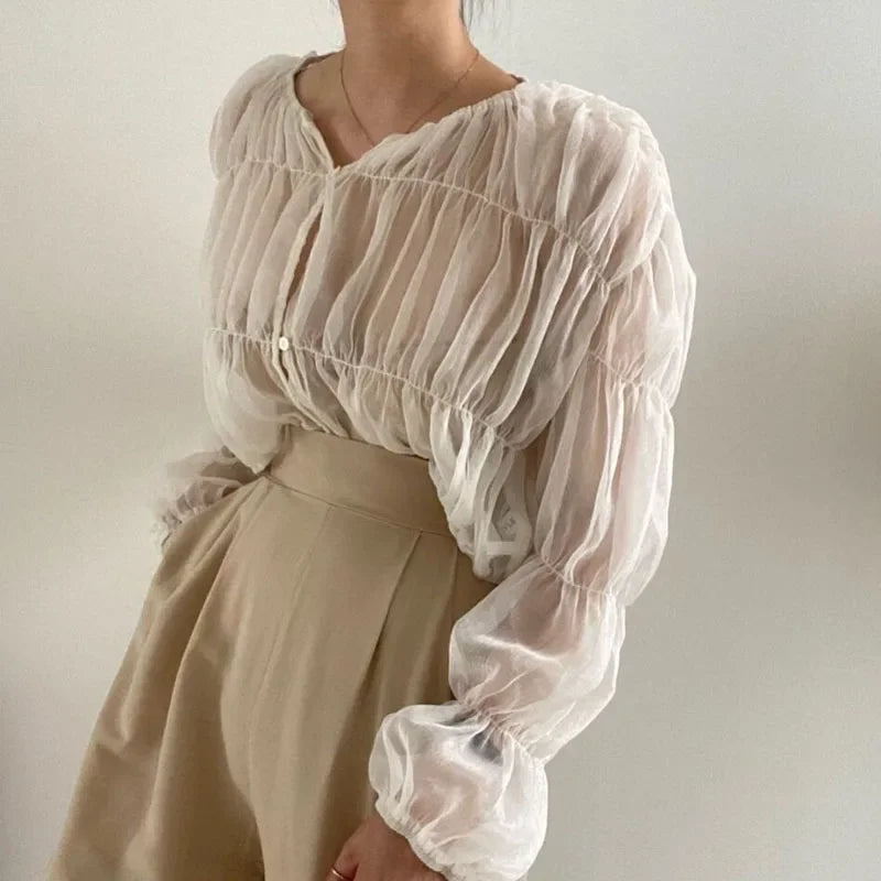 Stylishly showcasing the Loose Fit Chiffon Blouse for Women Pleated Sheer Long Sleeve Casual Summer Top with Elegant Folded Design.