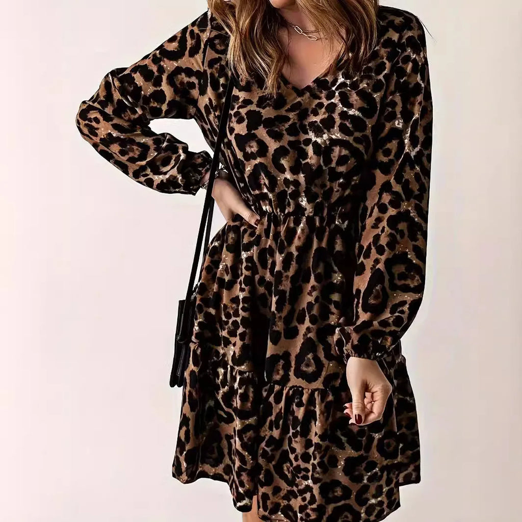 Leopard Print Long Sleeve Dress with V Neck Knee Length