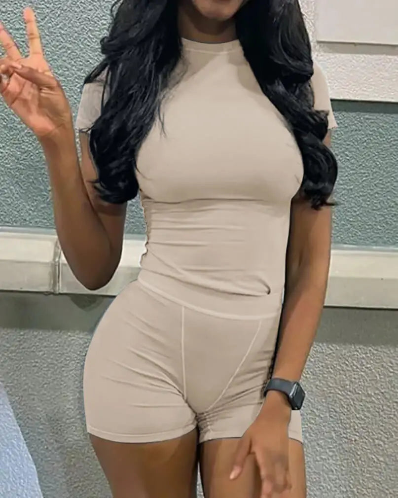 Stylish Casual Workout Two Piece Set for Women Fitted Crew Neck T-Shirt with High Waist Pants, perfect for streetwear.