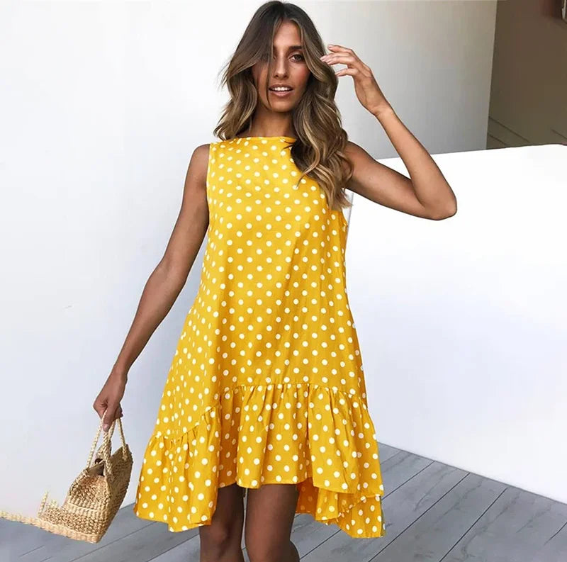 Polka Dot Dress Ruffled Sleeveless Women Round Neck