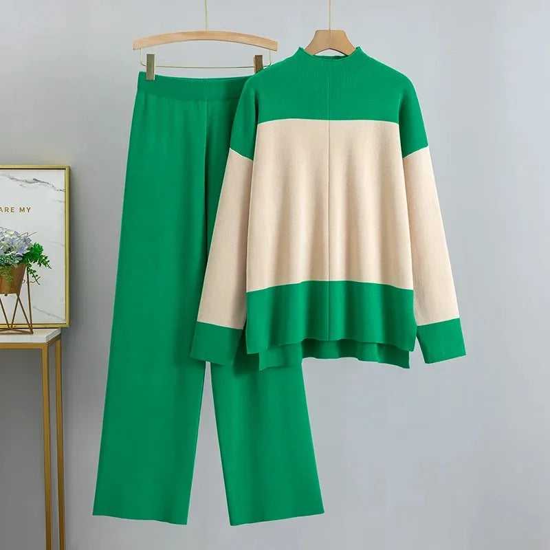 Stylish Women’s 2 Piece Thick Turtleneck Sweater and Pants Set for Autumn and Winter Fashion Outfit in vibrant green.