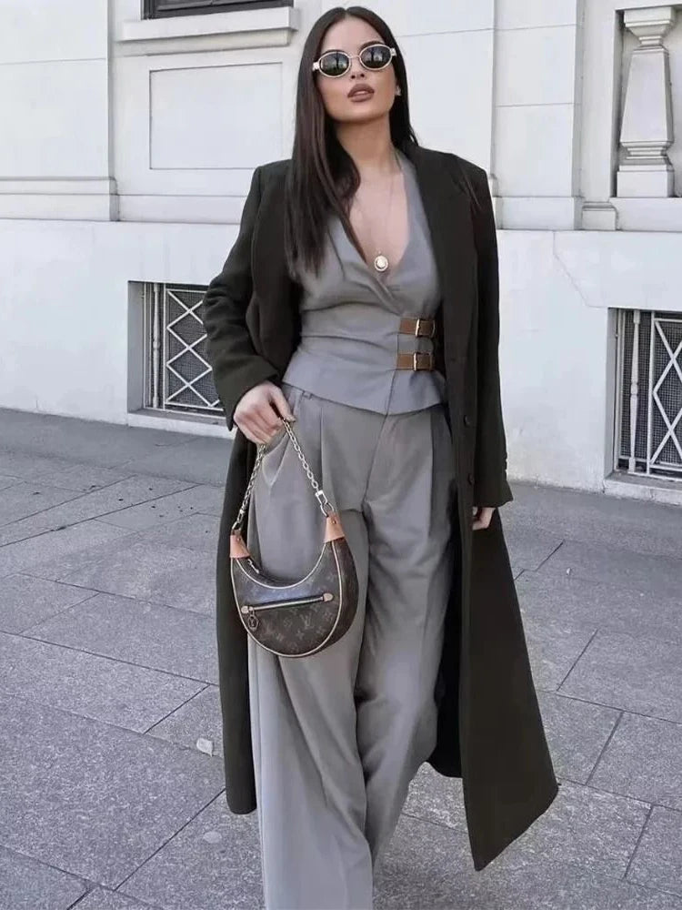 Womens Halter Neck V Neck Belted Top And High Waisted Pleated Suit Pants Two Piece Suit For Workwear