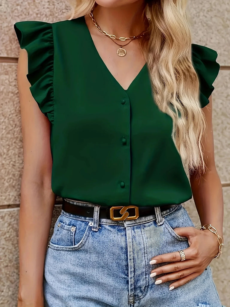 Stylish Summer Women’s V Neck Solid Color Casual Shirt, soft breathable fabric for comfortable everyday wear. Perfect for warm weather!