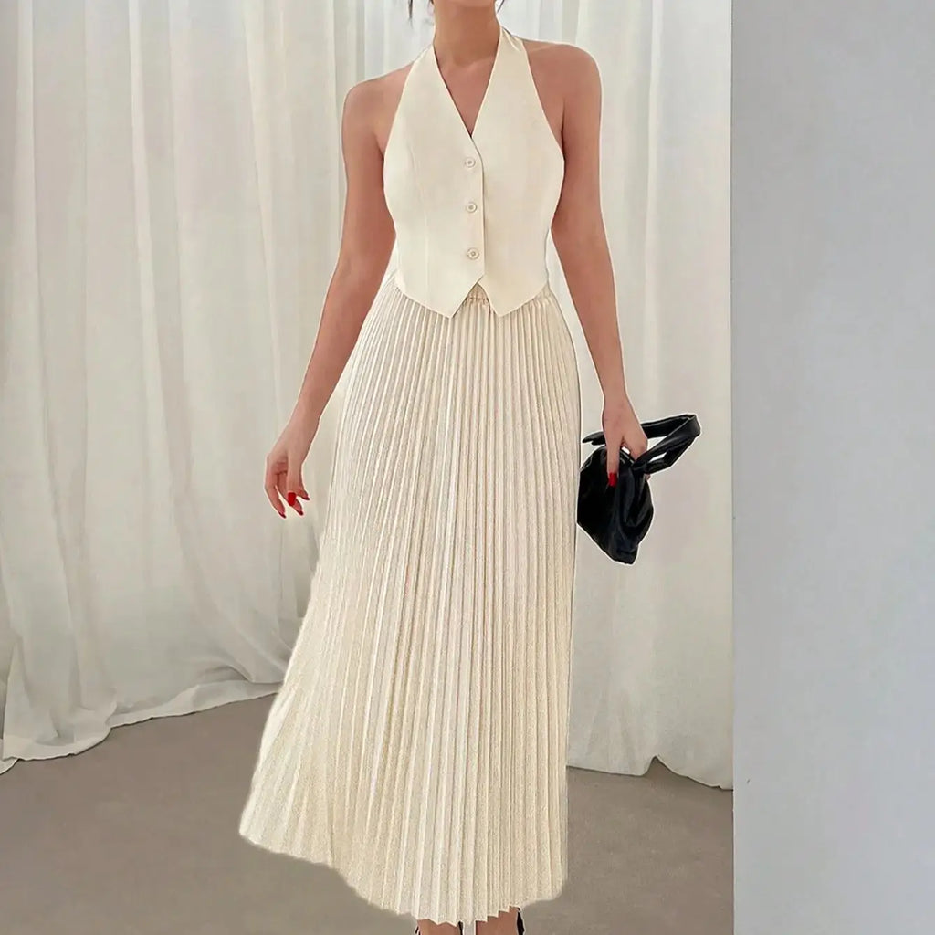 Women Pleated Skirt Suit Set With Vest For Summer Style